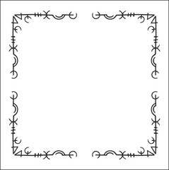 Elegant black and white ornamental frame with Viking runes, decorative border, corners for greeting cards, banners, business cards, invitations, menus. Isolated vector illustration.	