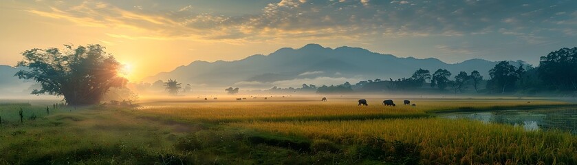 Obraz premium Picturesque Sunrise over Lush Thai Rice Field with Grazing Water Buffaloes