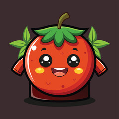 Obraz premium A Cartoon Red Tomato With Green Leaves Smiling, A cute cartoon red tomato with green leaves is smiling and looks friendly. The tomato has large, round eyes, a big smile, and small, yellow cheeks.