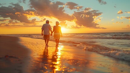 Fototapeta premium Elderly Couple Enjoying Serene Sunset on Peaceful Beach Holding Hands