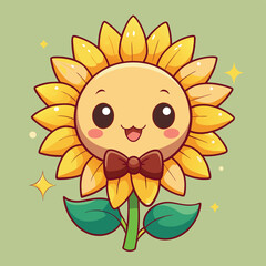 Fototapeta premium Cute Cartoon Sunflower With Bow Tie Illustration, A digital illustration of a cute cartoon sunflower with a bow tie. The sunflower has a large, yellow face with big, round eyes and a wide.