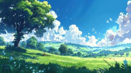 Fototapeta premium green savanna or green field anime background under sunny day beautiful