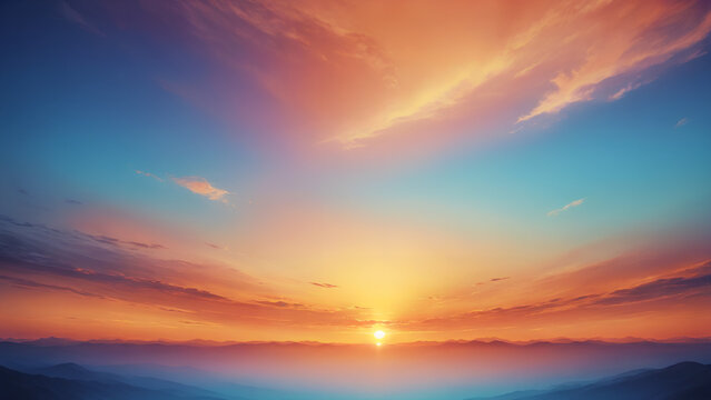 Fantasy vibrant gradient panoramic sunset sky cloud and sun