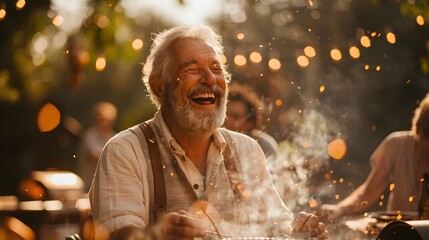 Cheerful Senior Man Enjoying Backyard Barbecue with Friends and Family Festive and Joyful Retirement