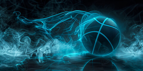 Glowing blue basketball with blue smoke with black background
