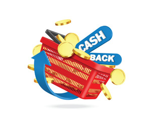 Blue cash back promotion sign and money or gold coins are overflowing from red shopping basket after customer buys something to give back to customers, vector 3d isolated for advertising design