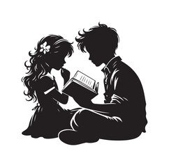 boy and girl reading book vector silhouette