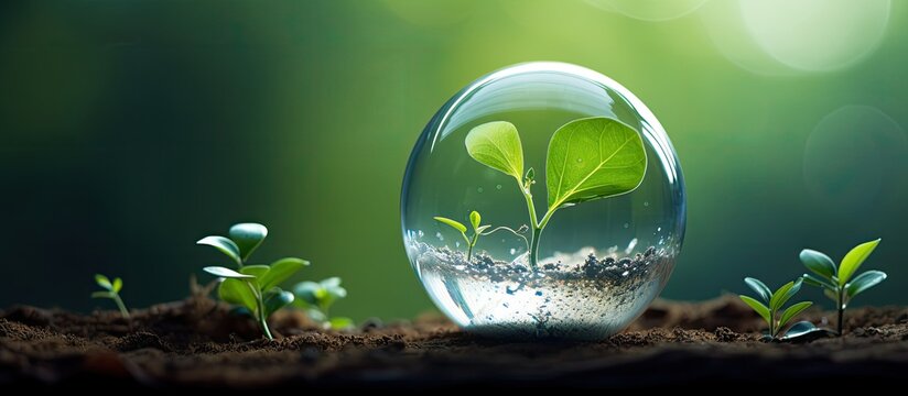A fresh sprout emerges on a see-through globe, symbolizing eco-friendly practices and a sustainable community. Ideal for messaging with copy space image.