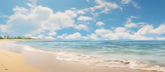 Fototapeta premium A deserted sandy beach facing the tranquil summer sea, perfect for a copy space image.