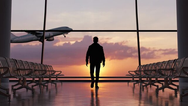 Silhouette of a man walking in the airport as the plane takes off during sunset.. 4k animation