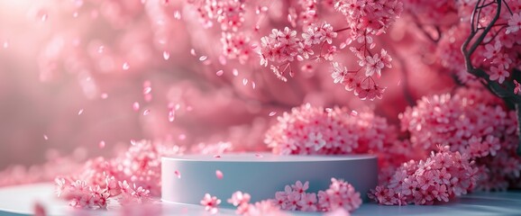 3D Background With A Pink Podium Display And Sakura Flowers Falling, Ideal For A Cosmetic Or Beauty Presentation