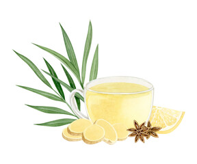 Watercolor cup of ginger tea with lemon, lemongrass and star anise illustration isolated on white background. Hot herbal beverage of organic ingredients against flu and cold. Healthy eating clipart