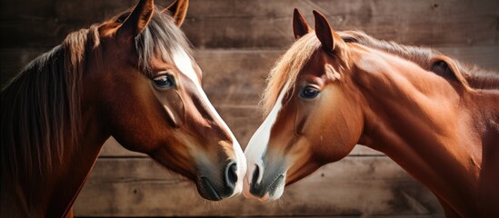 Obraz premium Image showing affection between stunning bay horses in an equestrian farm setting with agricultural and equine care elements included in the copy space image.