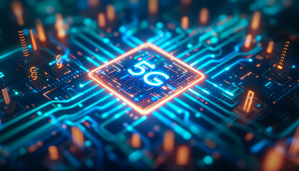 Close-up of 5G technology circuit board with glowing components, representing the future of high-speed wireless communication.