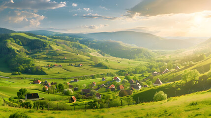 Obraz premium panorama of beautiful countryside of romania sunny afternoon wonderful springtime landscape in mountains grassy field and rolling hills rural scenery : Generative AI
