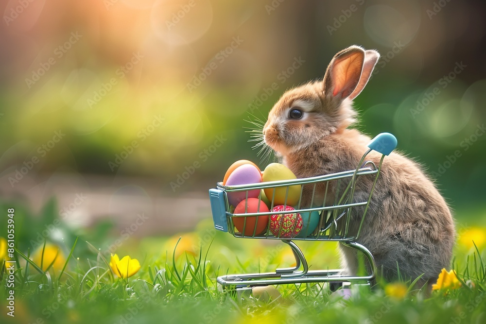 Wall mural easter bunny rabbit with shopping cart and sweet colorful eggs on background, lovely mammal with bea - Wall murals