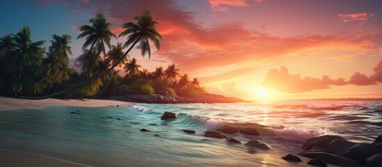 Beautiful beach landscape with a dreamy sunset sky creating a tranquil and relaxing summer vibe, ideal for meditation and enjoying positive energy, on a tropical island.