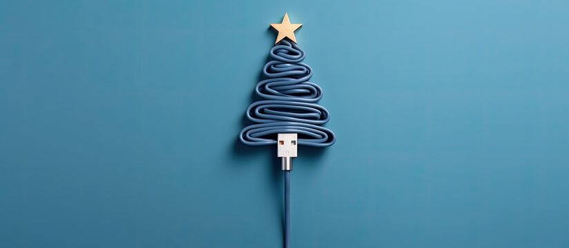 USB cable arranged as a Christmas tree on a blue backdrop with a minimal New Year theme and copy space image, offering online holiday inspiration.