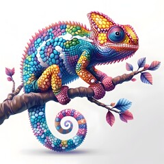 Fototapeta premium Vibrant Cartoon Chameleon Changing Colors on White Background with Detailed Scales and Smiling Face