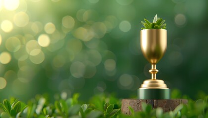 Golden trophy with a plant inside, standing on grass, symbolizing sustainability and environmental achievement.
