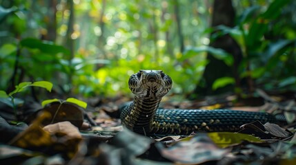 Fototapeta premium snake swimming in the water, surrounded by green grass and wild reptiles
