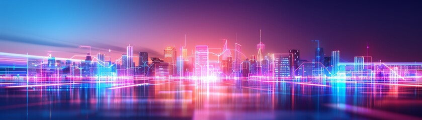 Fototapeta premium Vibrant futuristic city skyline at night with colorful neon lights reflecting on the water, capturing the essence of modern urban landscape.