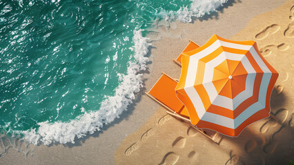 Naklejka premium Sunny Beach with Orange Sun Umbrella and Loungers by the Ocean Waves