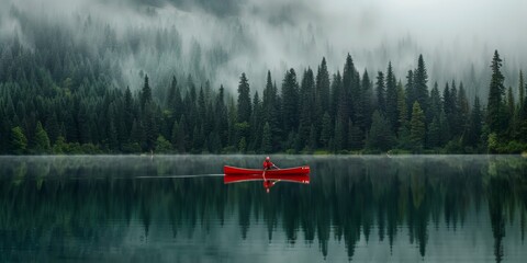 A solitary rower in a skiff on a serene lake, embodying calm and reflection amidst the tranquil beauty of nature