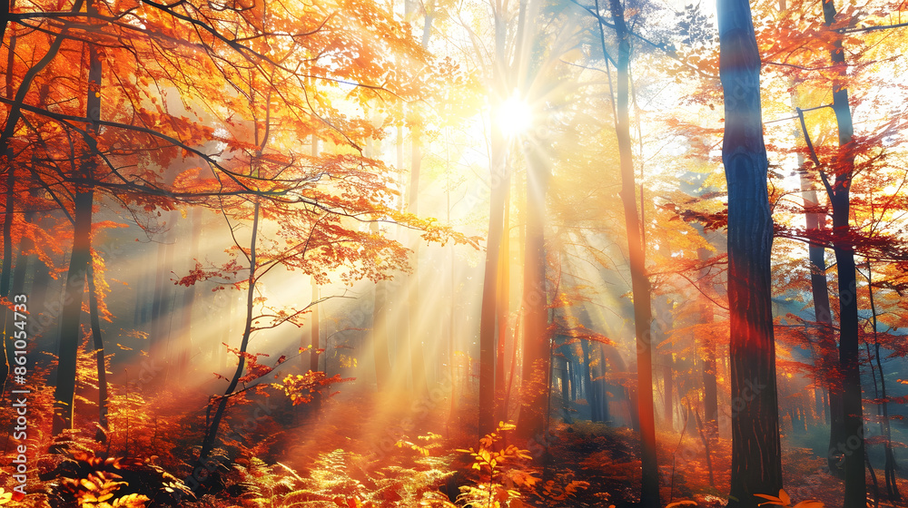 Poster autumn forest nature vivid morning in colorful forest with sun rays through branches of trees scener