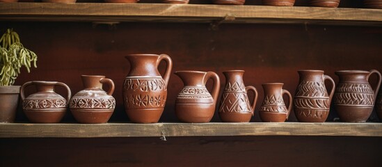 Various ceramic clay vessels such as jugs, pots, and vases are displayed on a shelf in a street pottery shop, featuring a rustic terracotta design with an old-fashioned pattern.