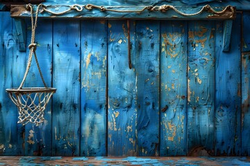 Rustic Basketball Hoop on Weathered Blue Wooden Panels - Sports and Rustic Decor