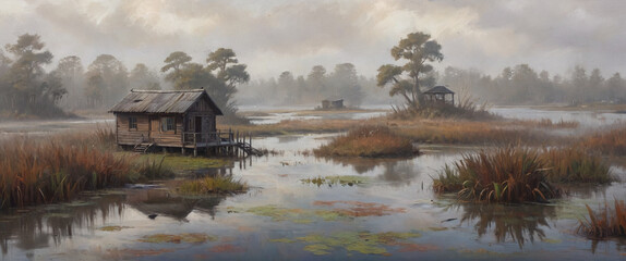 Fototapeta premium A fog-covered wetland with a small wooden cabin at its center, surrounded by reeds and murky waters, depicted in thick oil paint to emphasize the serene and eerie scene, Generative AI