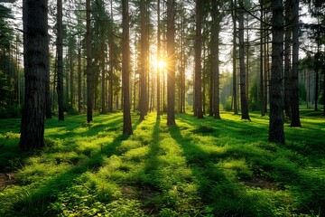 Obraz premium Serene Sunrise in a Lush Forest - Nature Landscape for Posters and Designs