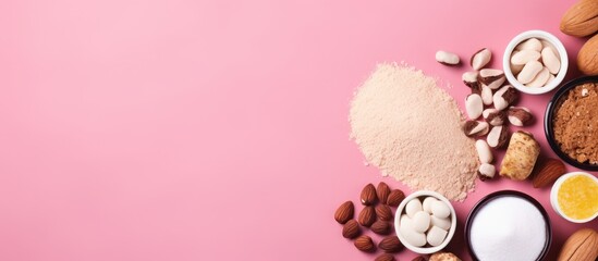 Sport diet and fitness nutrition items like protein powder, musli bars, and vitamin pills arranged...