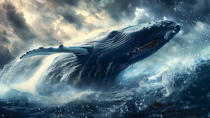 Fototapeta premium Majestic Whale Breaching the Turbulent Ocean Surface in a Dramatic Splash of Power and Awe