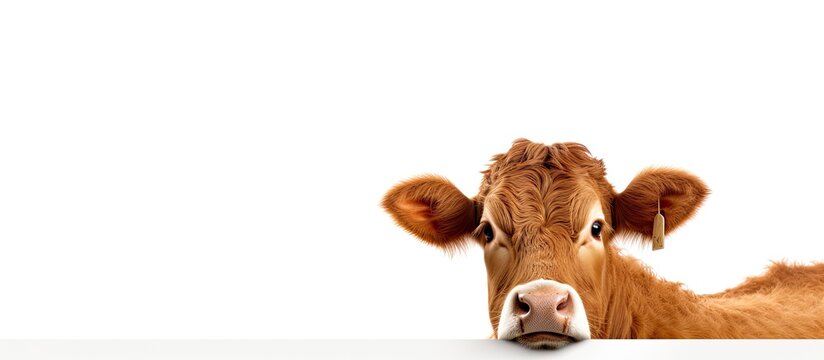A brown cow on a white background creating copy space image.