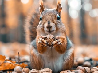 Obraz premium Curious Squirrel Gathering Nuts in Vibrant Autumn Forest