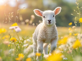 Naklejka premium Adorable Lamb Frolicking in Vibrant Spring Meadow with Friendly Expression