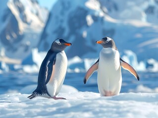 Obraz premium Playful Penguins Sliding on Vibrant Antarctic Ice Landscape with Detailed Feathers and Copy Space