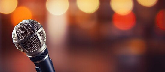 Microphone on stand with foam pad in focus, creating a blurred background with copy space image.