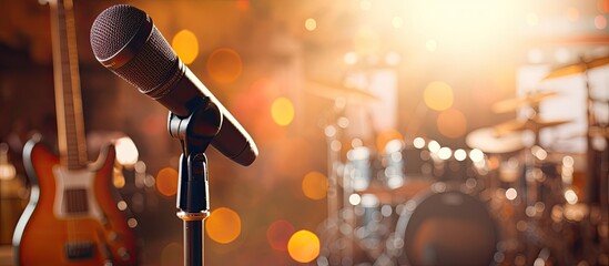 Summer concert concept with an electronic microphone on a background of drums and musical instruments with a sun glare, includes copy space image.