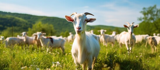 White goats grazing in a picturesque meadow on a goat farm, with ample copy space image.