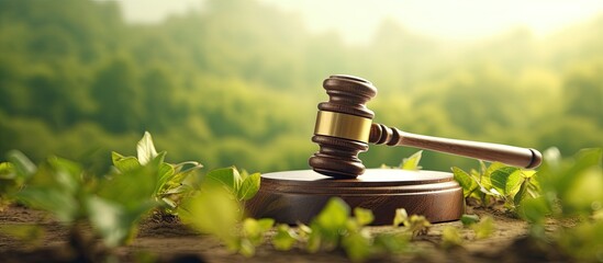 A legal hammer with copy space image symbolizing international environmental laws, climate justice, green forest conservation, and environmental protection rests on the desk.
