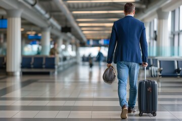 Obraz premium A business man is walking with his luggage at the airport, with the departures hall blurred in the background. Business travel concept.
