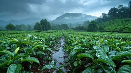 A lush tea plantation in Northern Thailand, glistening with fresh rain under a cloudy sky