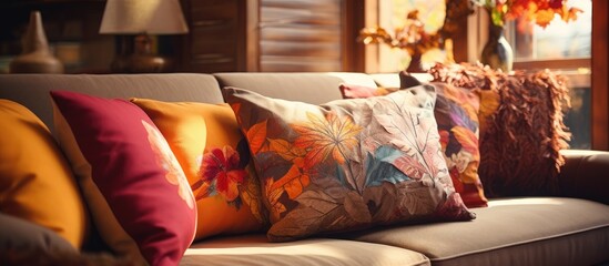 Colorful cushions on a cozy couch with a fall-inspired decor, including flower patterns and leaf motifs, create a warm autumn atmosphere in the home, with space for additional images.