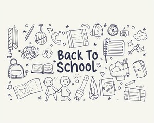 Minimalist line drawing of "Back To School" with thin black lines creating school icons. Back to school concept. 