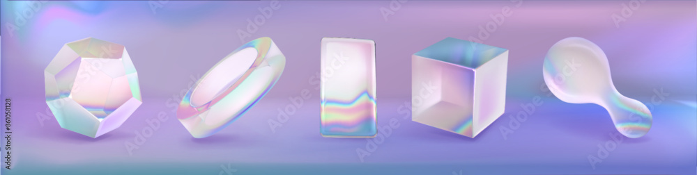Poster abstract geometric glass figure with hologram effect. realistic 3d vector set of design elements of 