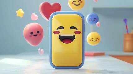 Cheerful phone with 3D emoticons and hearts floating around, representing fun, happy communication in a playful, colorful setting.