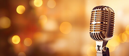 Close-up shot of a stunning golden microphone against a softly blurred background with bokeh effect, perfect for a copy space image.